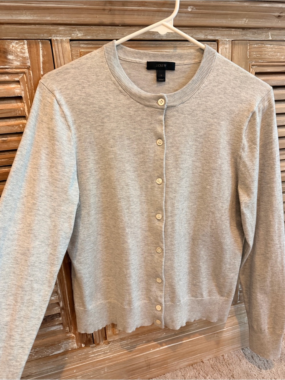 J. Crew Light Gray Jackie Cardigan Crew Neck Sweater Button Front (Size Large)